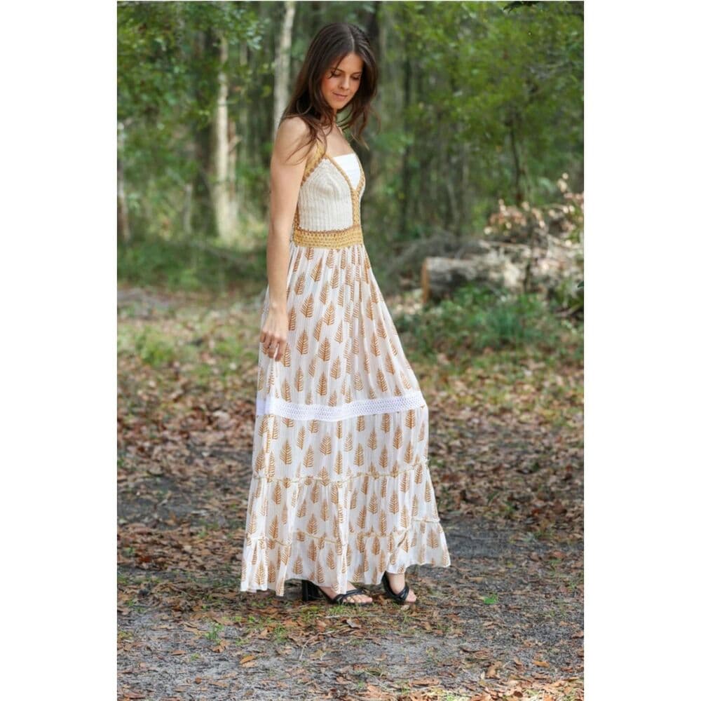 Boho Spaghetti Strap Crochet Garden Dress (Beige) - Thumbnail 2