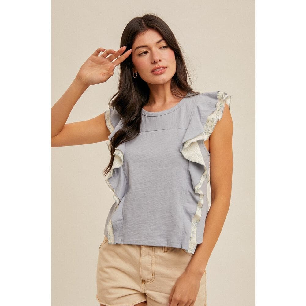 Daisy Print Contrast Flutter Ruffle Top - Thumbnail 4