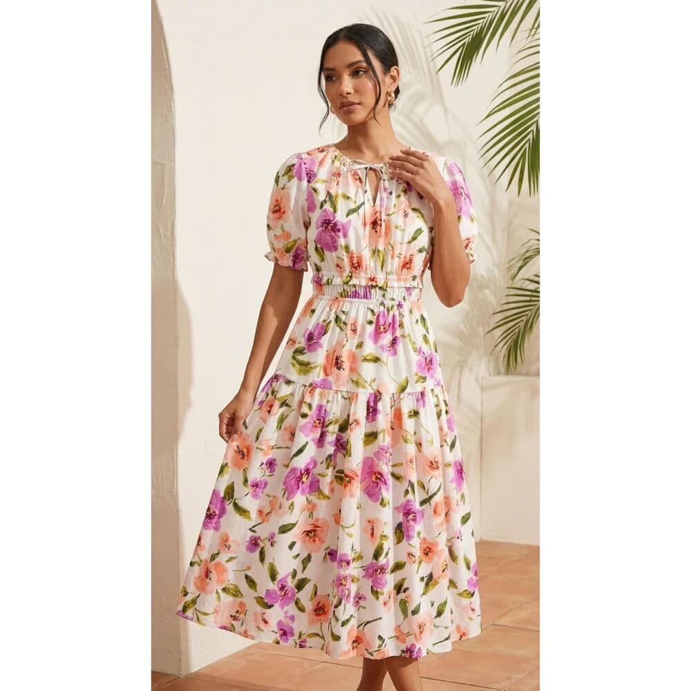 Short Puff Sleeves Maxi Dress in Poplin White Big Floral