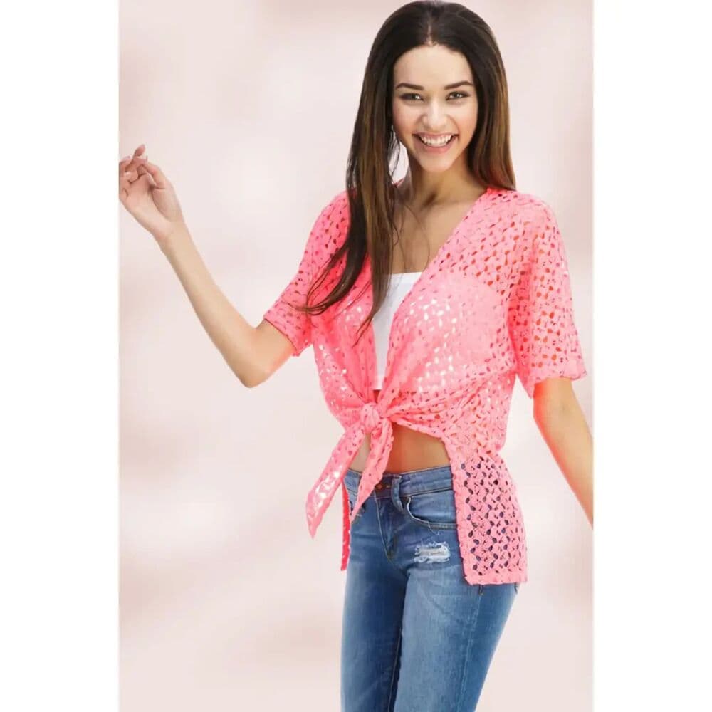 Tie-Front Sheer Crochet Cardigan Shrug in Pink - Thumbnail 3