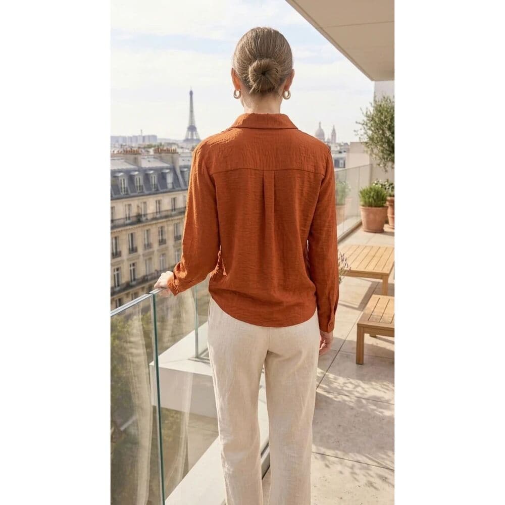 Knotted Waist Button Front Long Sleeve Sold Shirt - Thumbnail 2