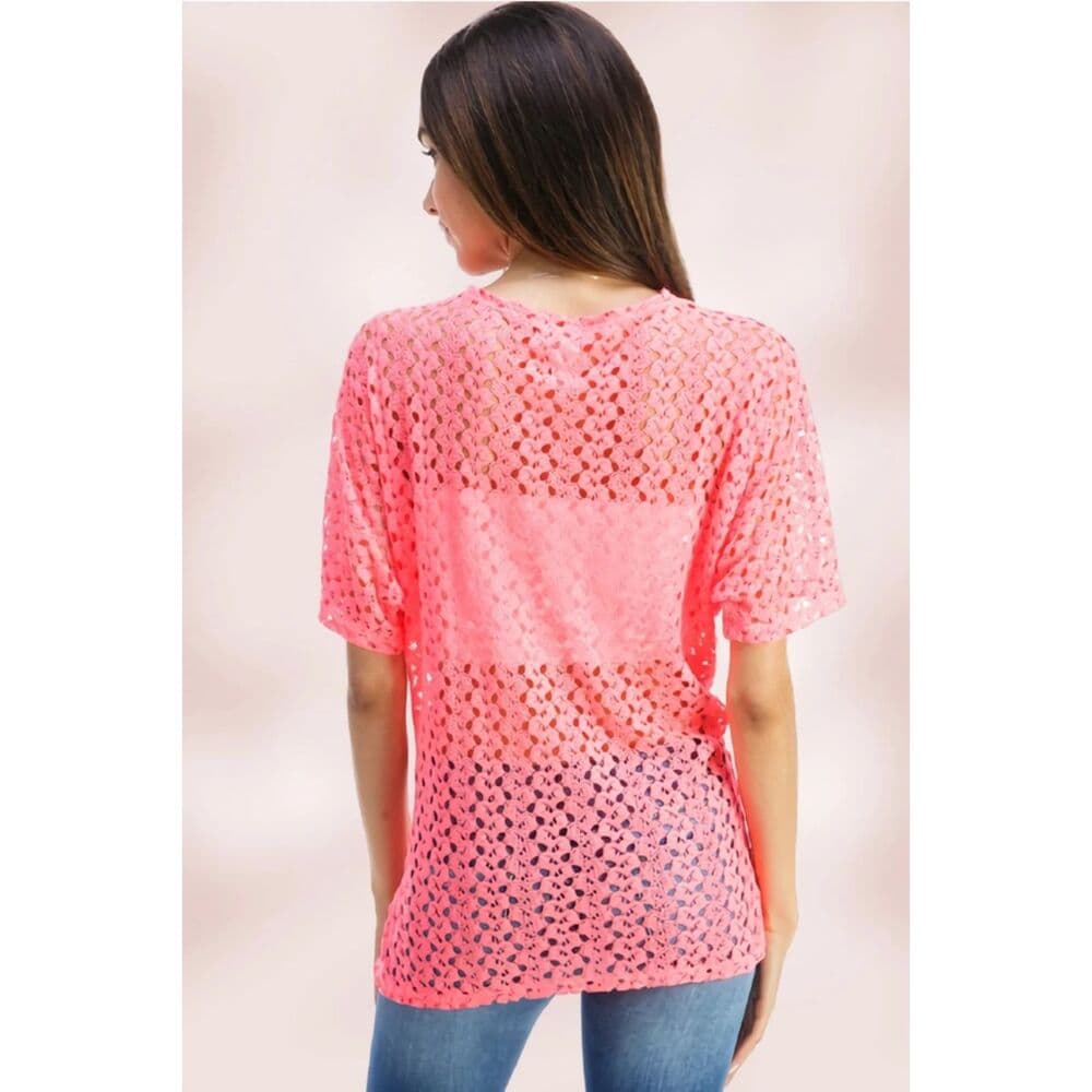 Tie-Front Sheer Crochet Cardigan Shrug in Pink - Thumbnail 4