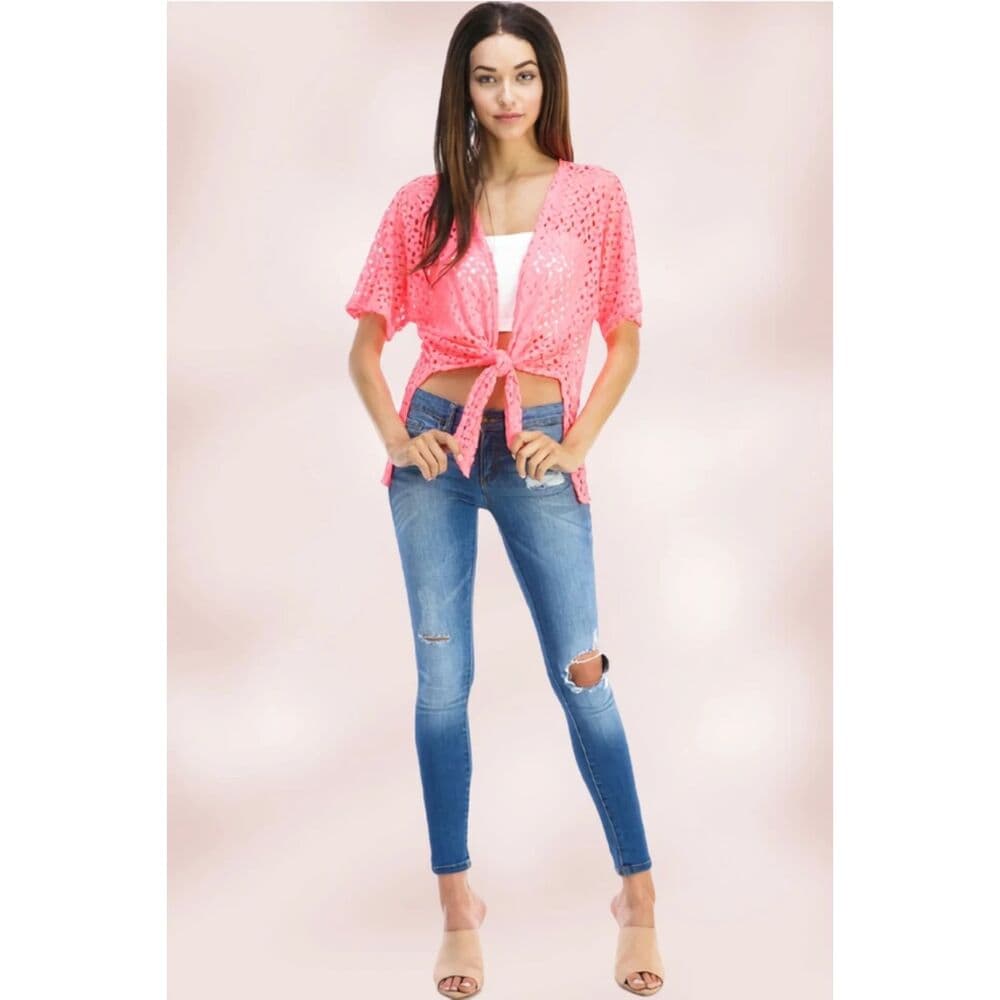 Tie-Front Sheer Crochet Cardigan Shrug in Pink - Thumbnail 2