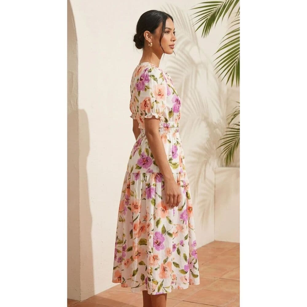 Short Puff Sleeves Maxi Dress in Poplin White Big Floral - Thumbnail 2