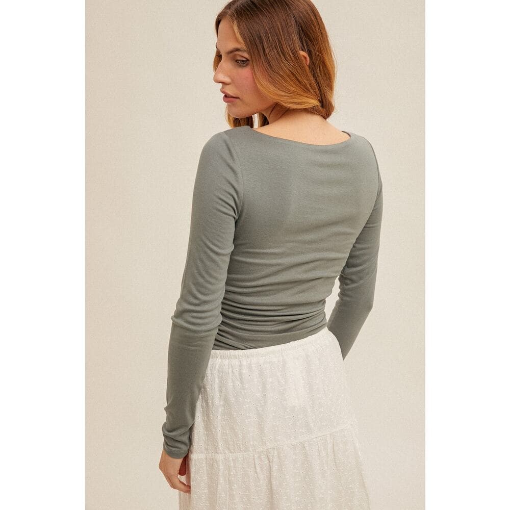 Boat Neck Ruched Waist Long Sleeve Bodysuit - Thumbnail 3