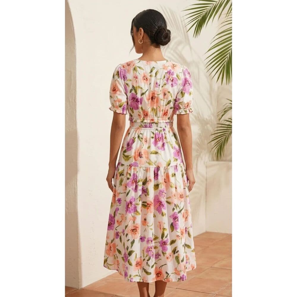 Short Puff Sleeves Maxi Dress in Poplin White Big Floral - Thumbnail 3