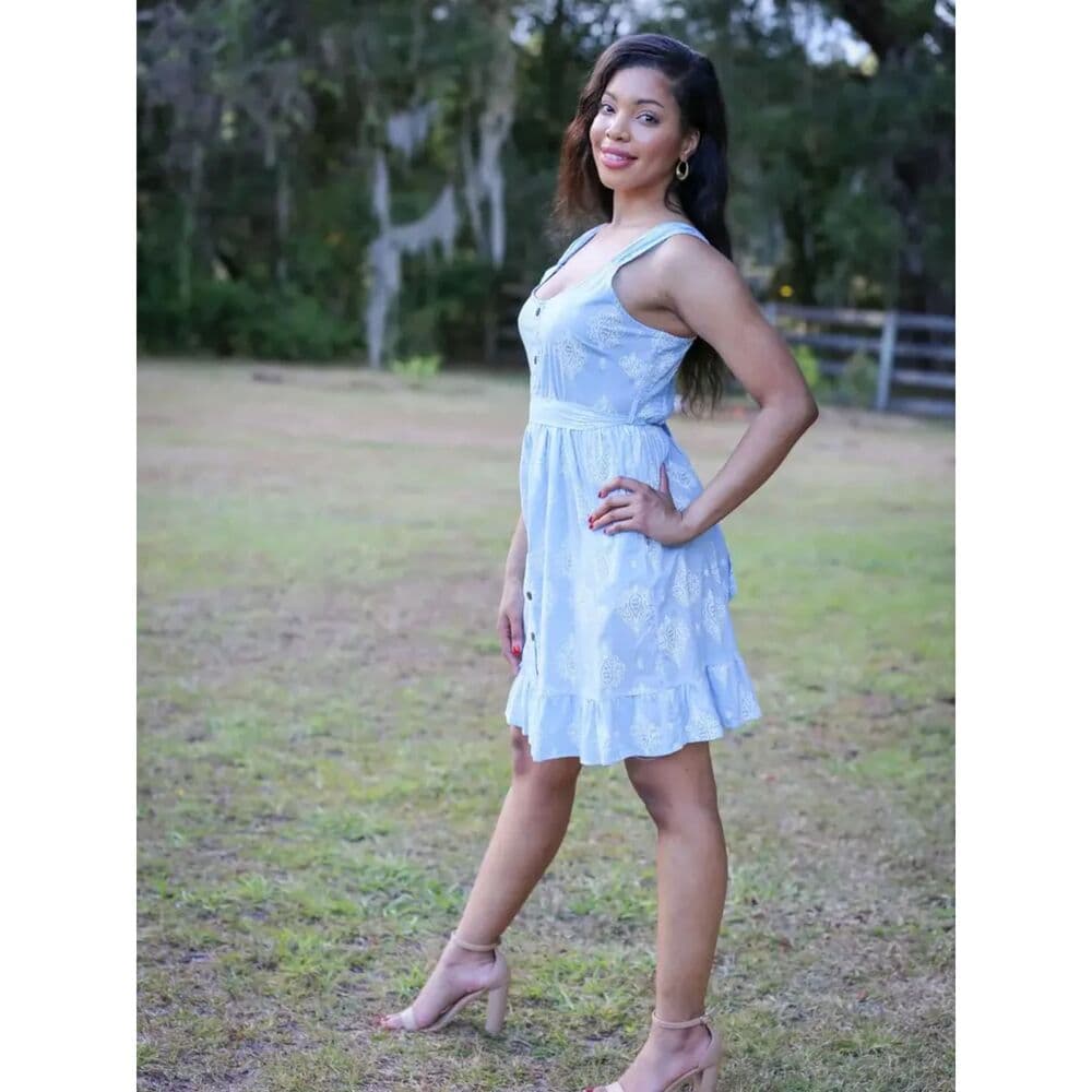 Baby Blue Summer Dress with Delicate Block Print - Thumbnail 2