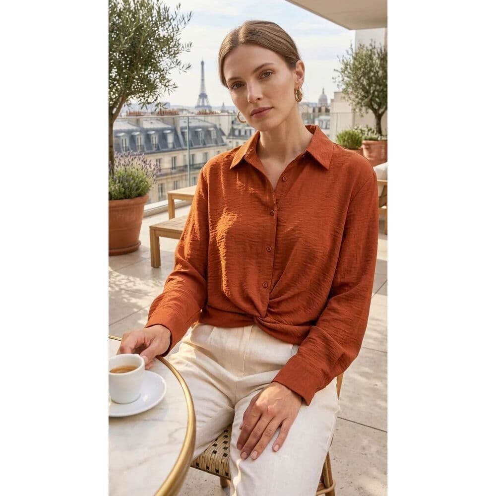 Knotted Waist Button Front Long Sleeve Sold Shirt - Thumbnail 3