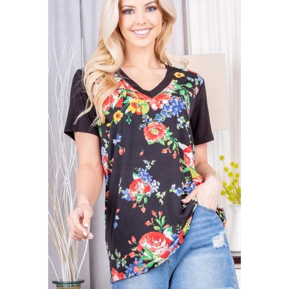 Pop of Color Floral V-Neck Tee in Black