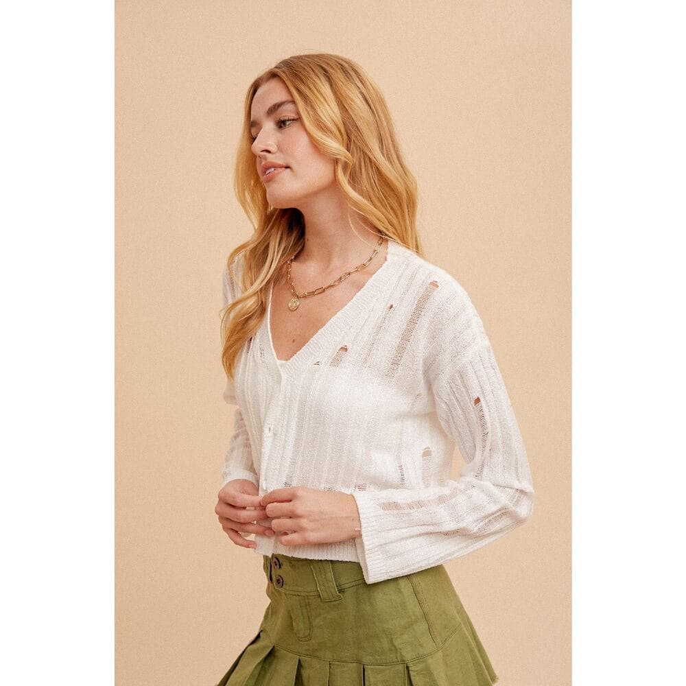 V-neck Button Closure Knit Cardigan - Thumbnail 2