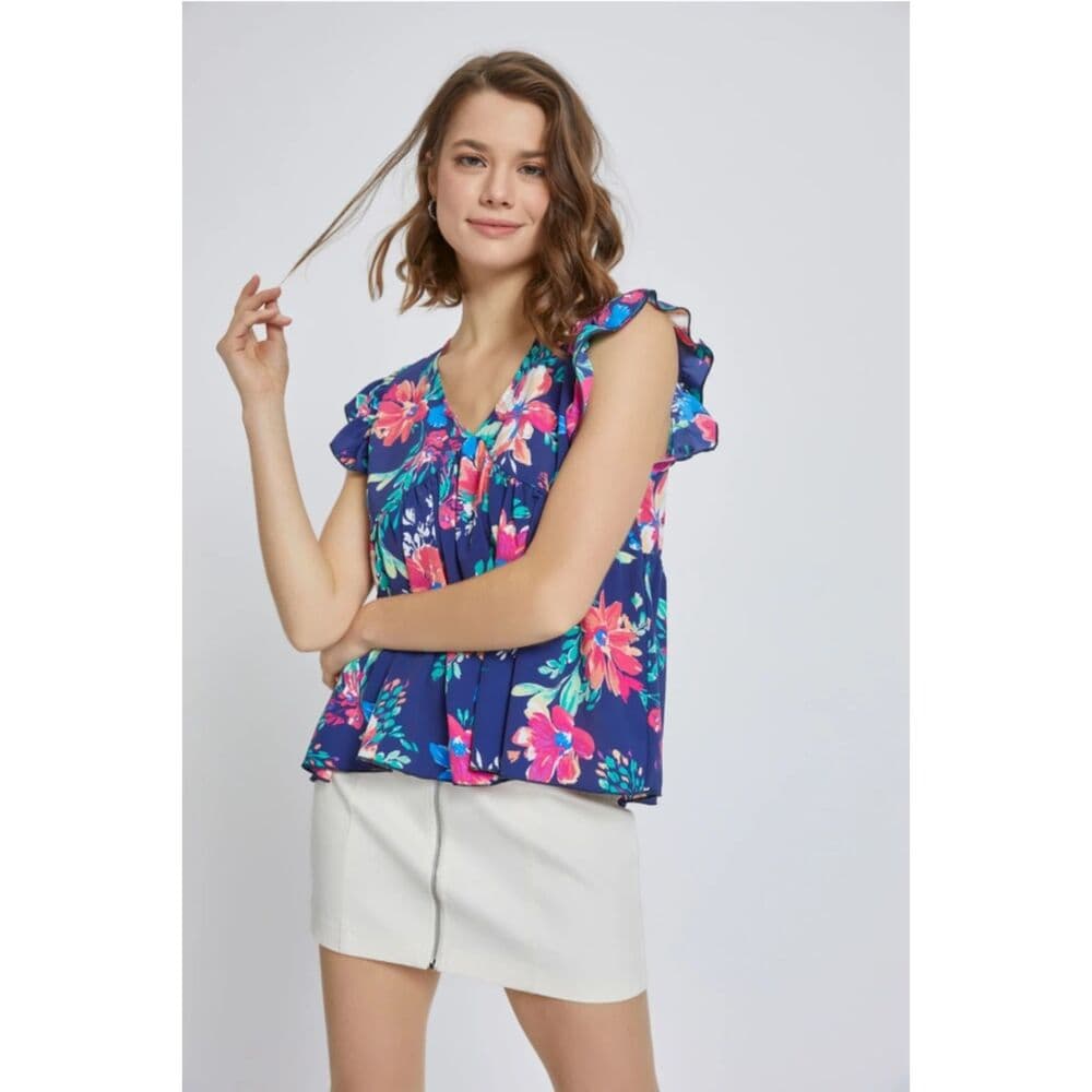 Flutter Sleeve Babydoll Short Sleeve Top in Blue