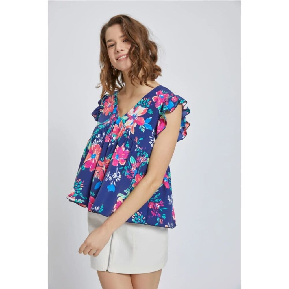 Flutter Sleeve Babydoll Short Sleeve Top in Blue - Thumbnail 4
