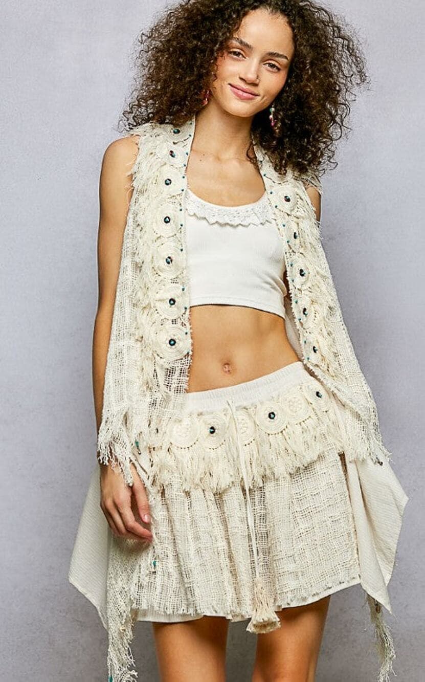 POL Fringe Circle Motif Trim Vest