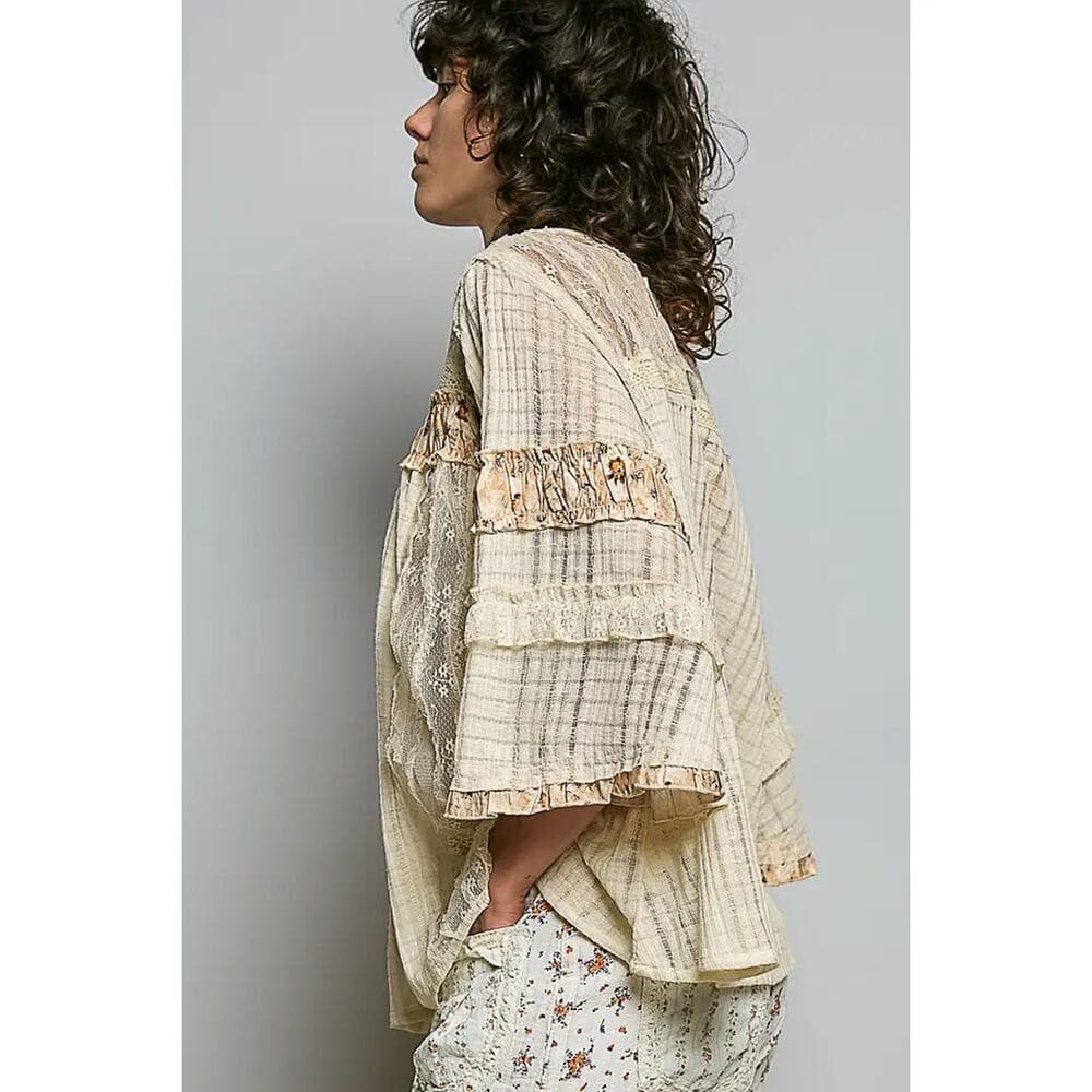 POL Lace Panel Detail Floral Ruffle 3/4 Sleeve Rib Knit Top - Thumbnail 2