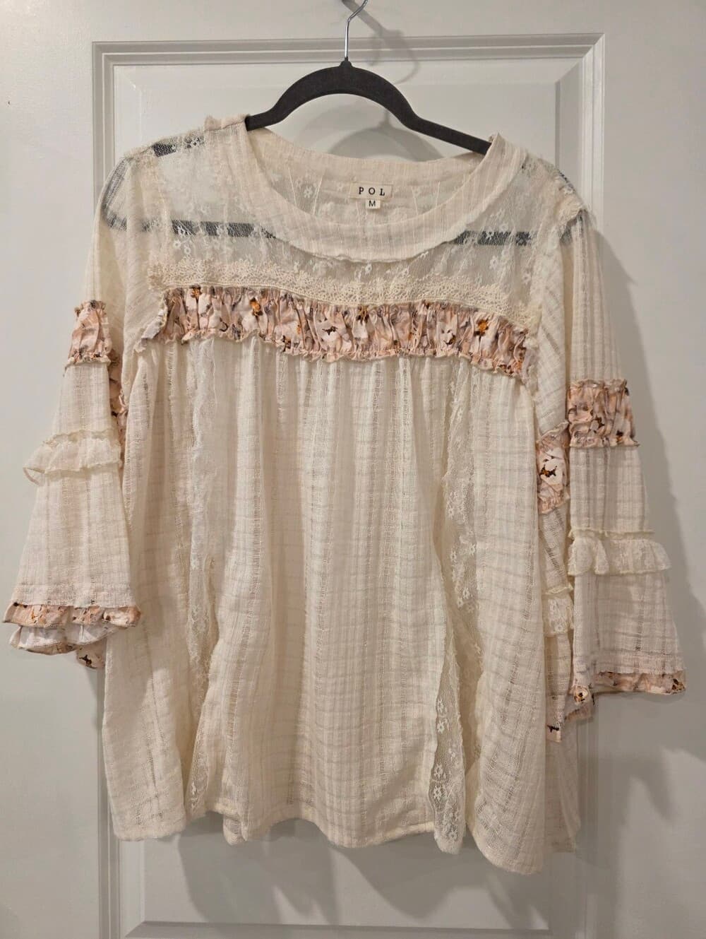POL Lace Panel Detail Floral Ruffle 3/4 Sleeve Rib Knit Top - Thumbnail 7
