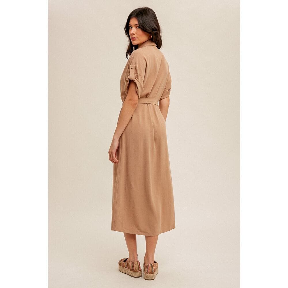 V-neck Self Tie Belt Short Sleeve Shirt Dress - Thumbnail 3