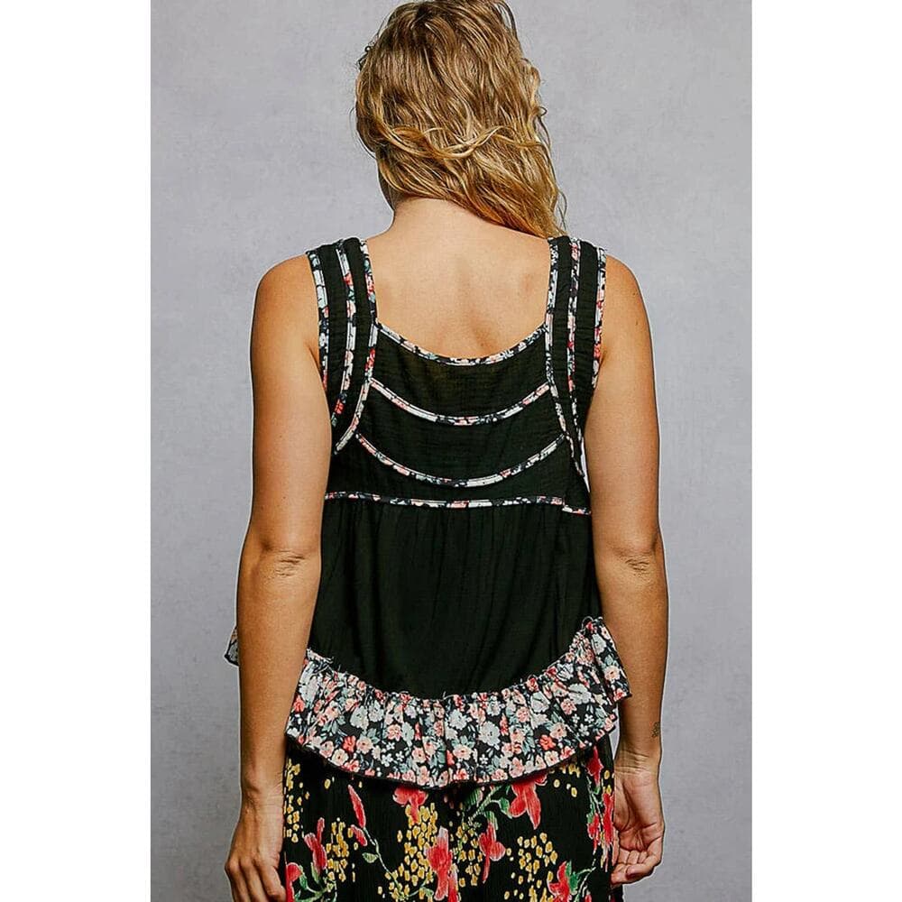 POL Square Neck Jersey Floral Trim Boho Tank Top - Pale Sky - Thumbnail 6