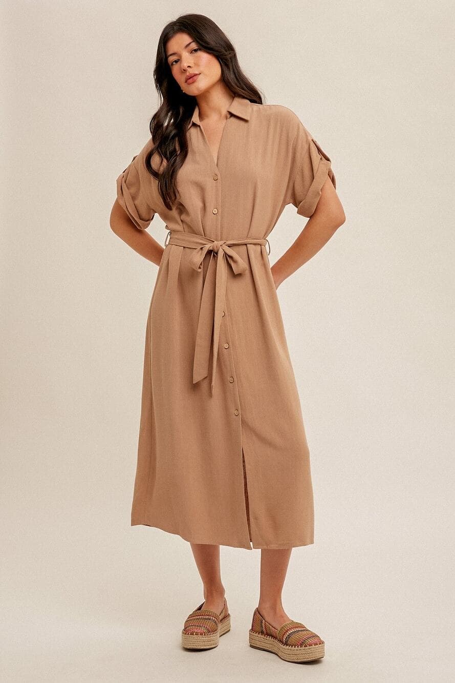V-neck Self Tie Belt Short Sleeve Shirt Dress