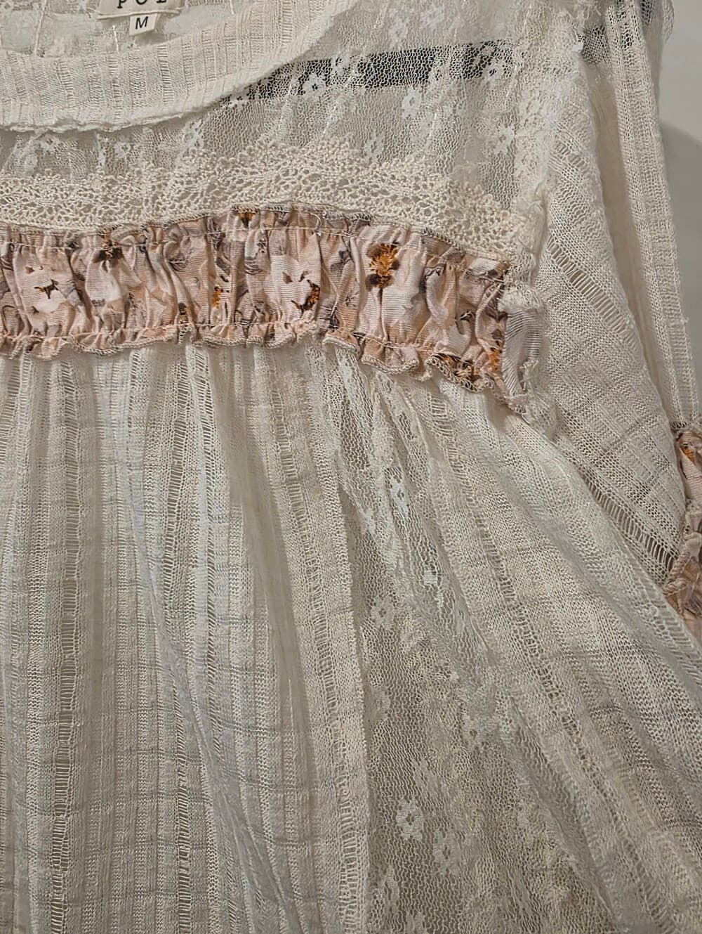 POL Lace Panel Detail Floral Ruffle 3/4 Sleeve Rib Knit Top - Thumbnail 9