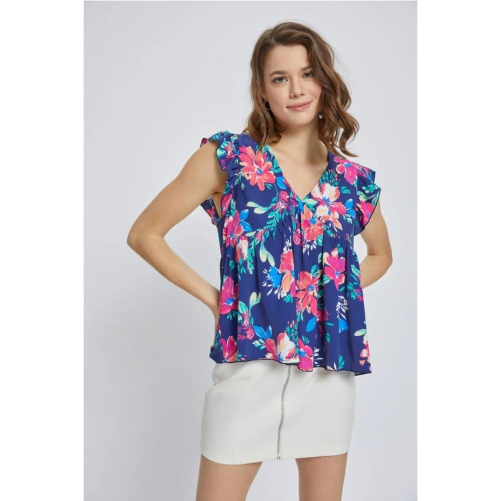 Flutter Sleeve Babydoll Short Sleeve Top in Blue - Thumbnail 3