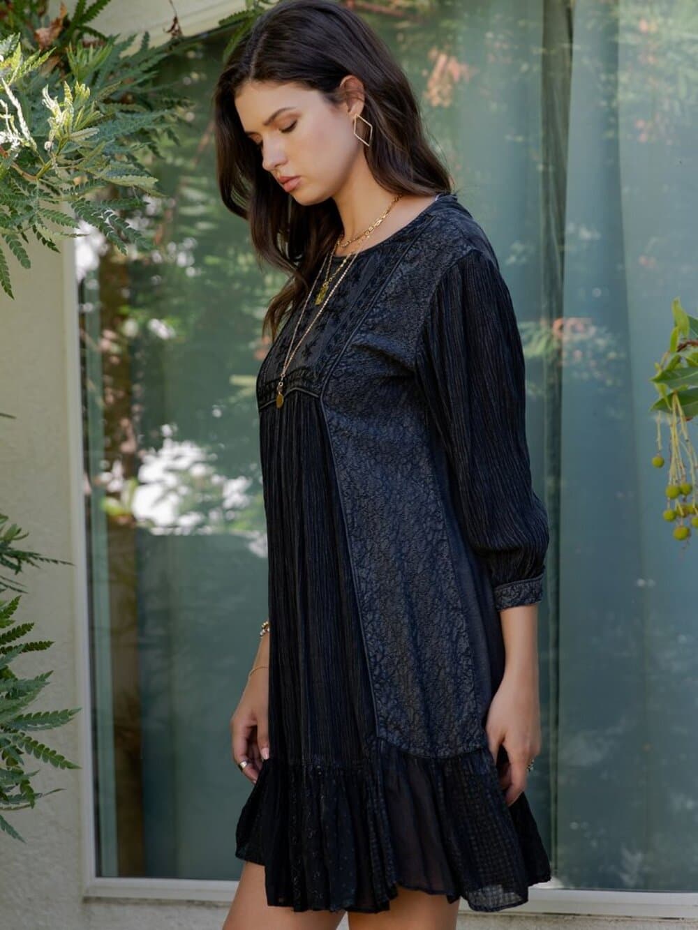 Boho Embroidered Ruffle Hem Babydoll Dress - Thumbnail 3