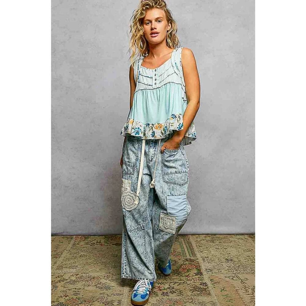 POL Square Neck Jersey Floral Trim Boho Tank Top - Pale Sky - Thumbnail 4