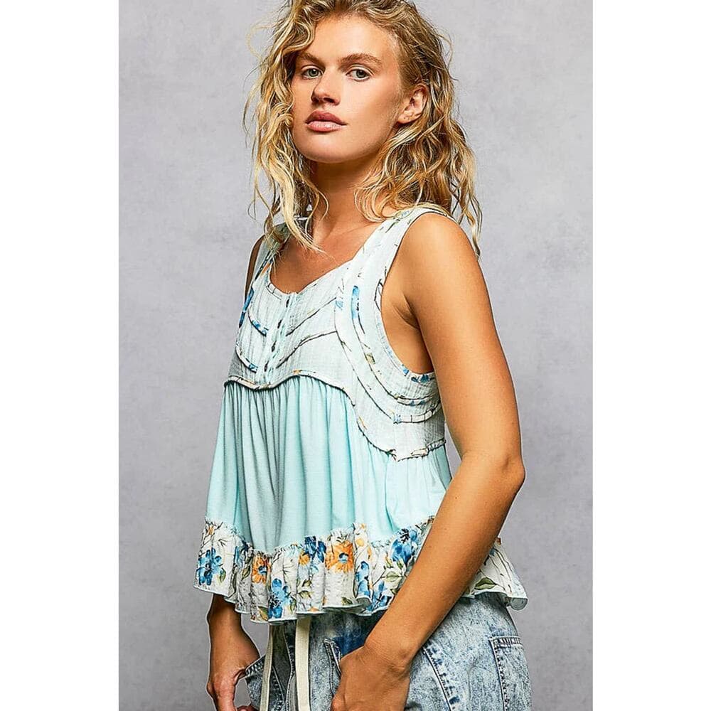 POL Square Neck Jersey Floral Trim Boho Tank Top - Pale Sky - Thumbnail 3