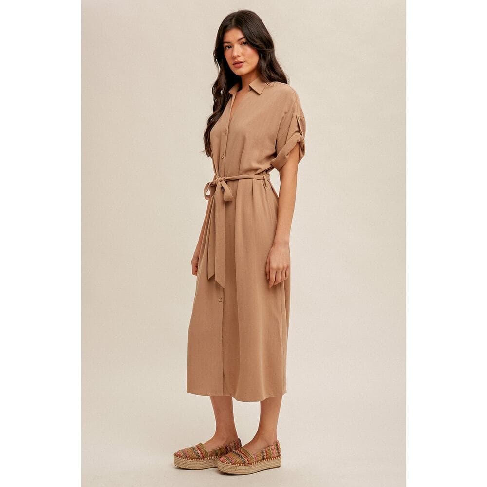 V-neck Self Tie Belt Short Sleeve Shirt Dress - Thumbnail 2