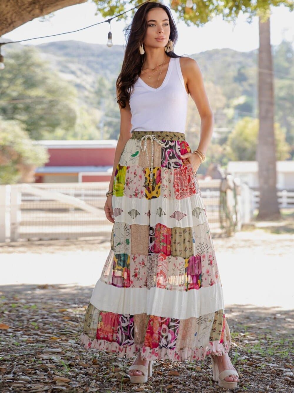 Boho Patchwork Tiered Long Skirt - Thumbnail 4