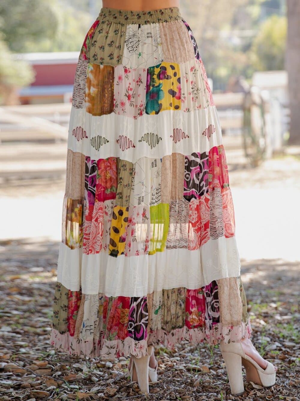 Boho Patchwork Tiered Long Skirt - Thumbnail 3