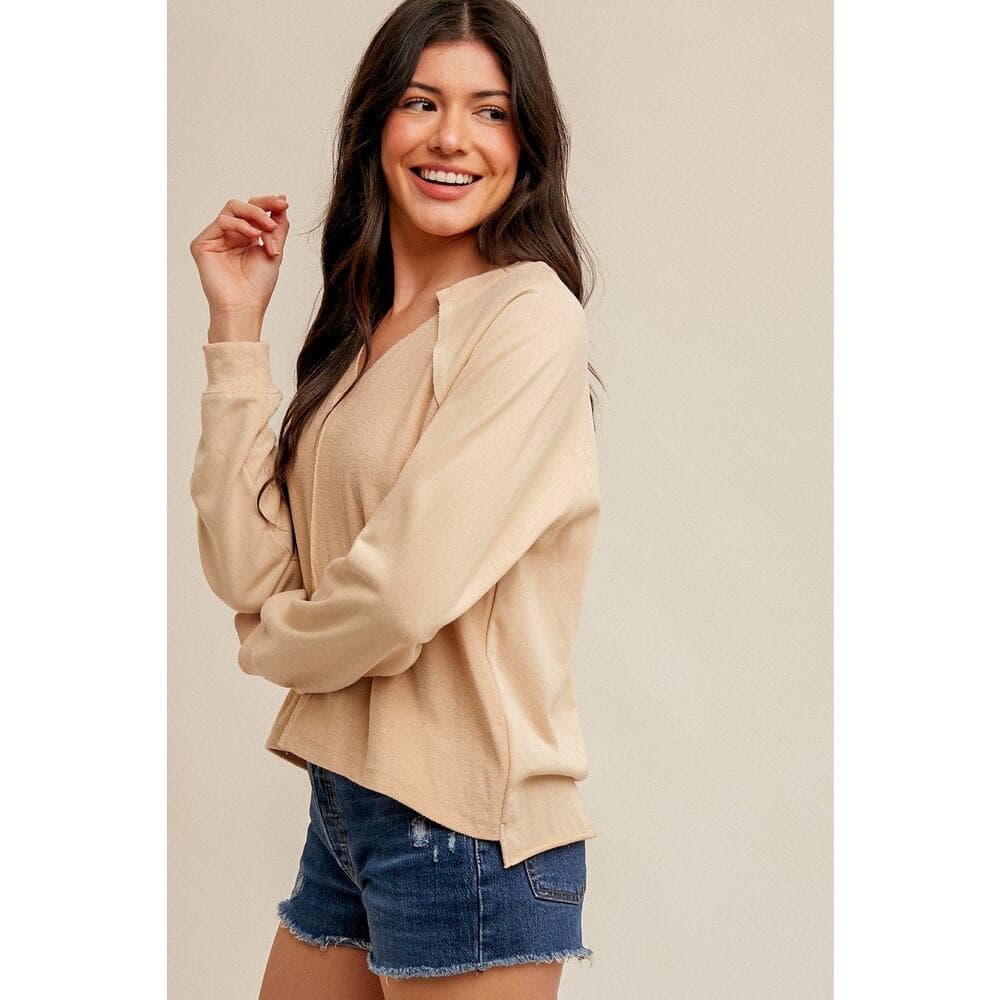 V Neck Asymmetrical Hem Loose Fit Sweatshirt - Thumbnail 2