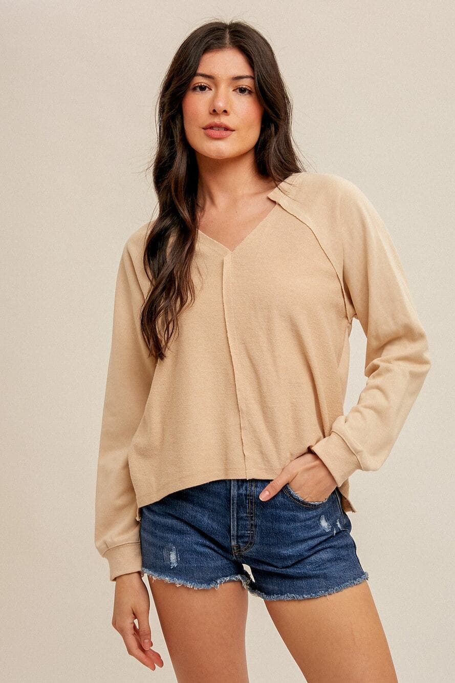 V Neck Asymmetrical Hem Loose Fit Sweatshirt