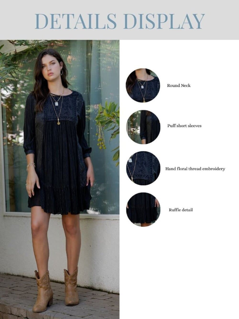 Boho Embroidered Ruffle Hem Babydoll Dress - Thumbnail 7