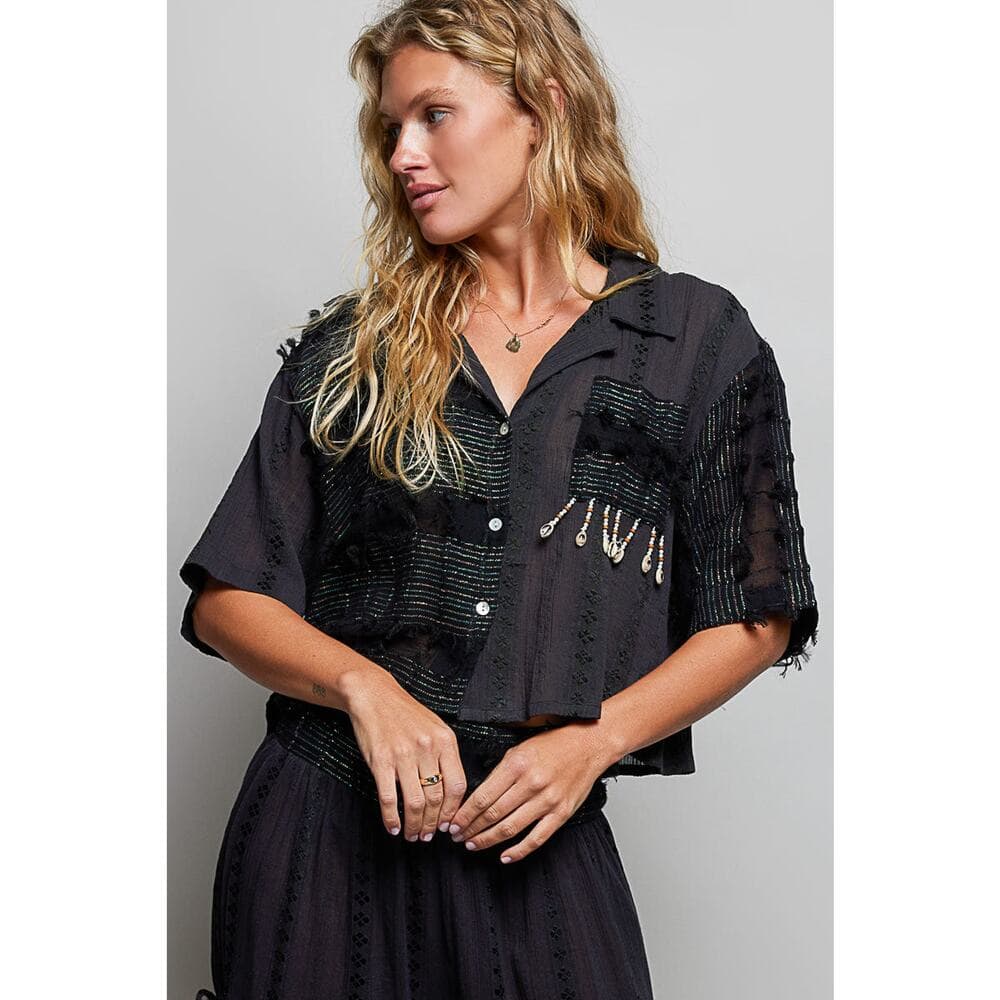 POL Boho Woven Texture Fringe Shell Beads Short Shirt Top - Thumbnail 4