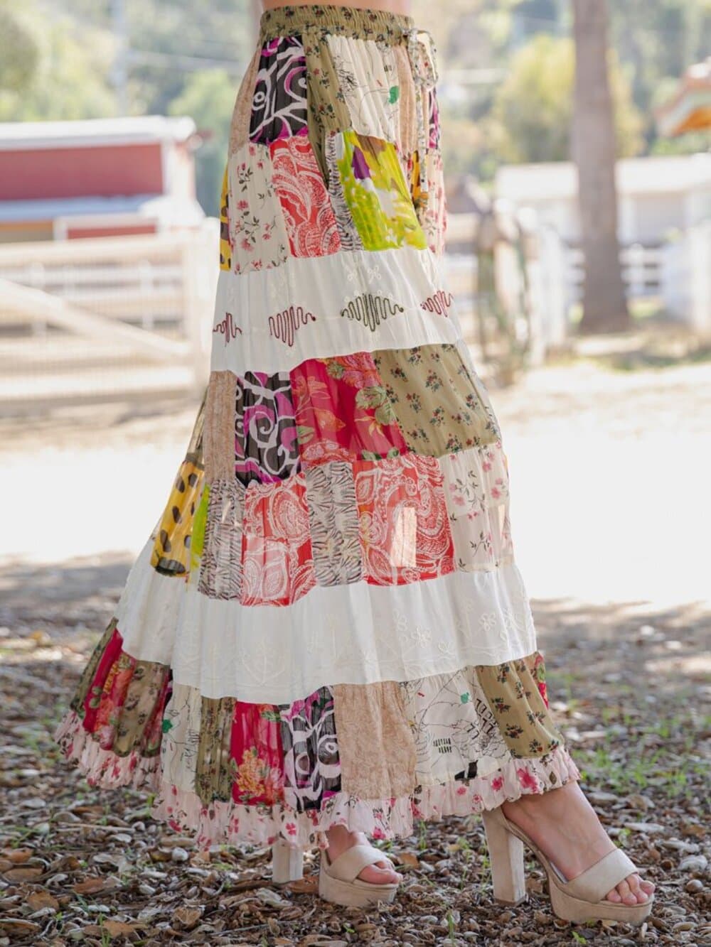 Boho Patchwork Tiered Long Skirt - Thumbnail 2