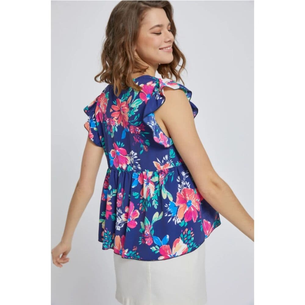 Flutter Sleeve Babydoll Short Sleeve Top in Blue - Thumbnail 2