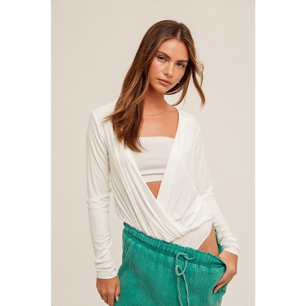 Long Sleeve Ribbed Surplice Bodysuit - Thumbnail 4