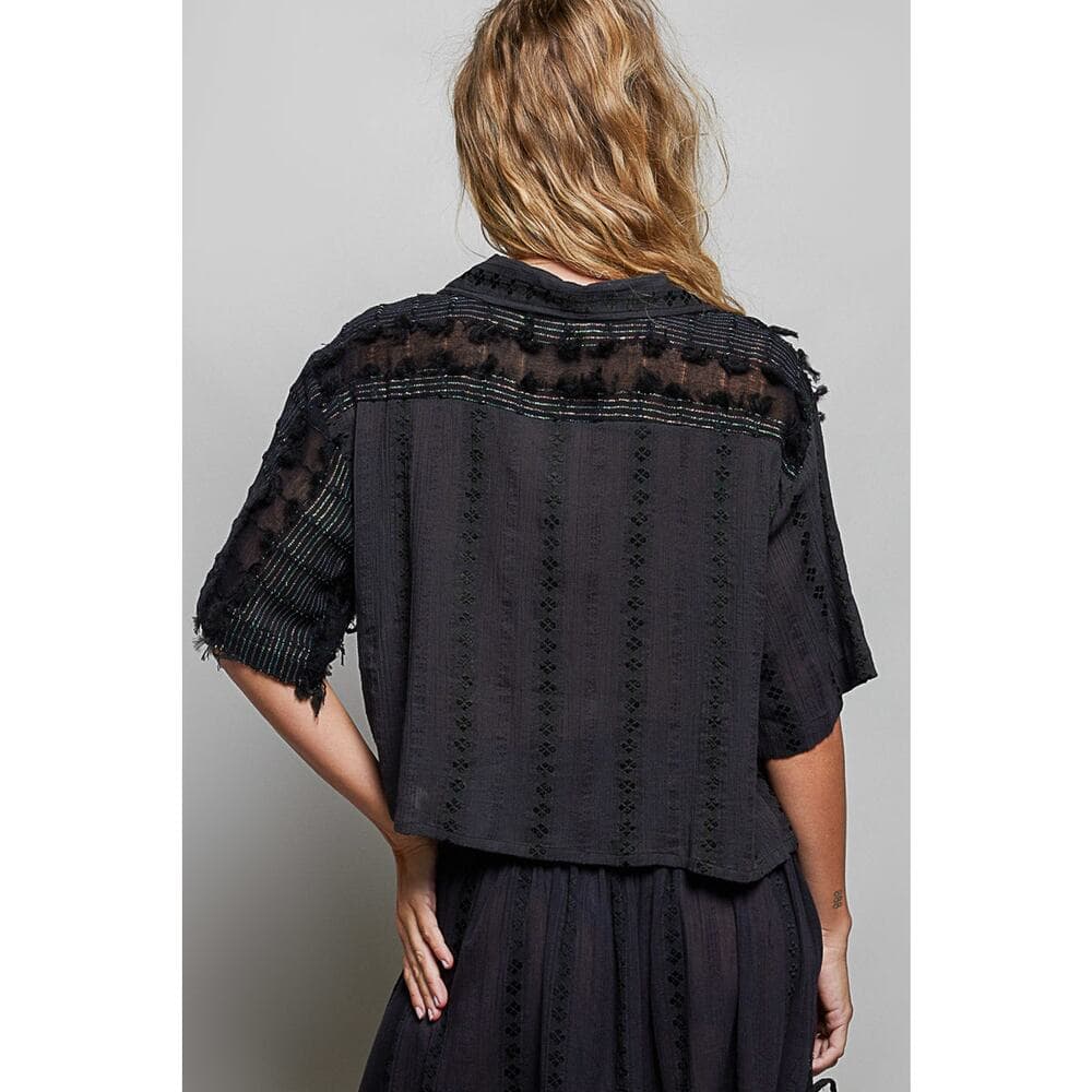 POL Boho Woven Texture Fringe Shell Beads Short Shirt Top - Thumbnail 3