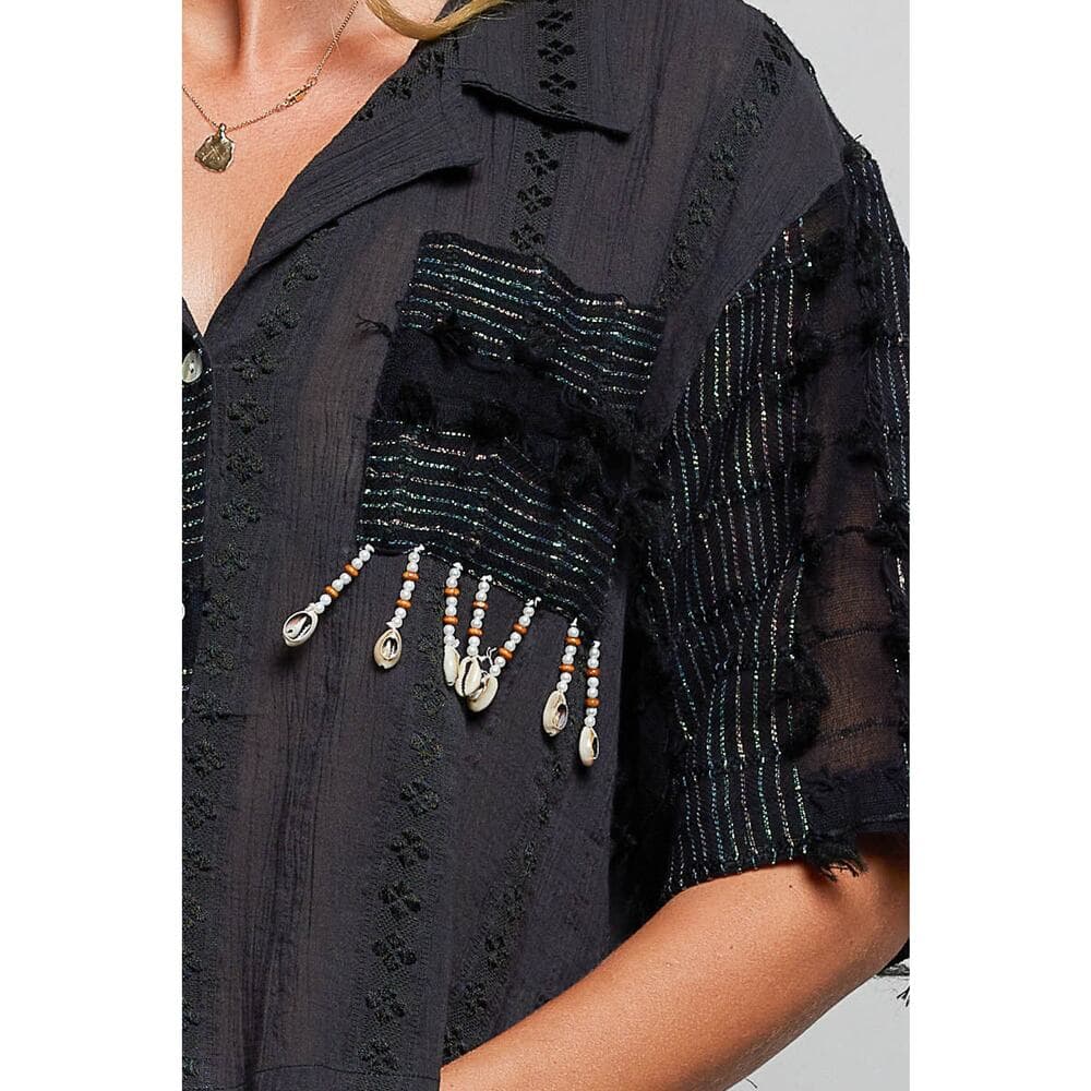 POL Boho Woven Texture Fringe Shell Beads Short Shirt Top - Thumbnail 5