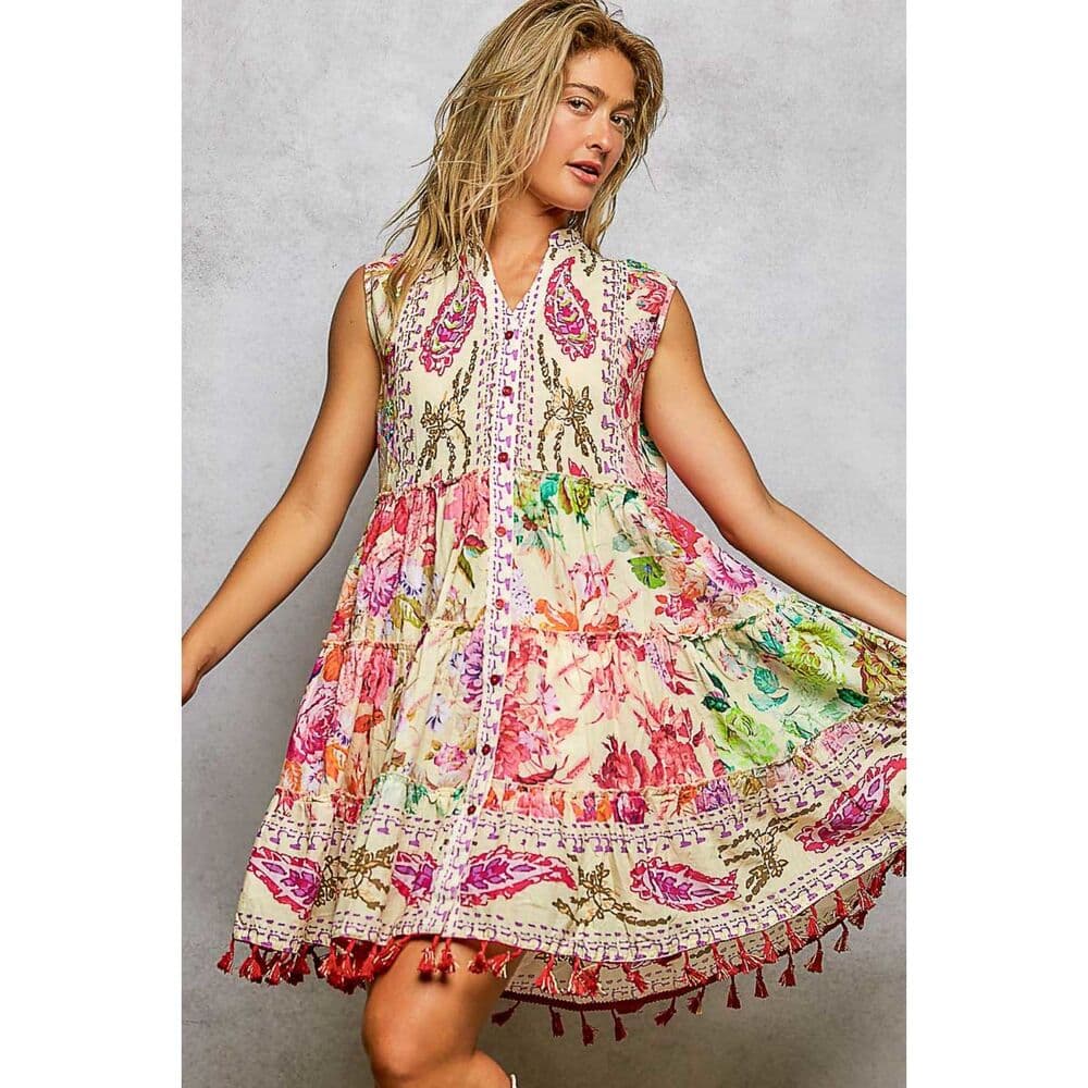 POL Mixed Print and Tassel Detail Tiered Mini Dress in Cream Multi