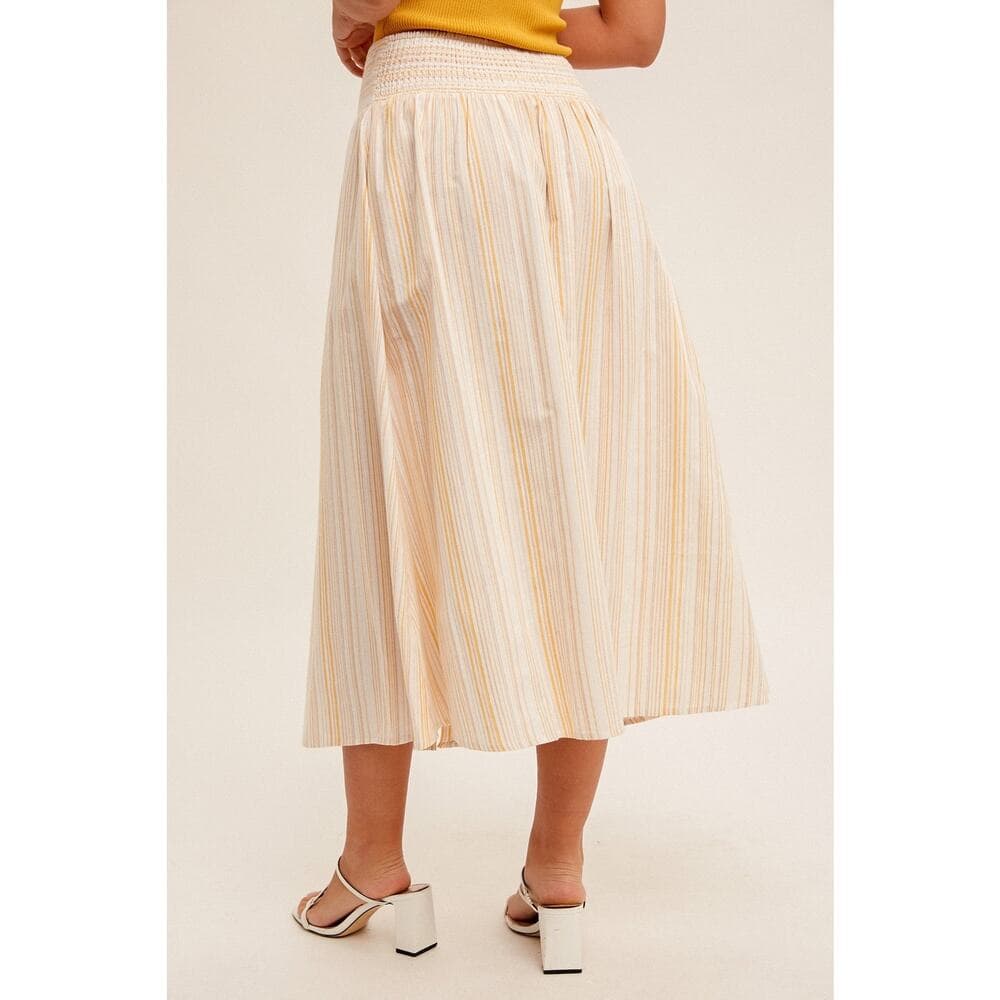 Button Front Smocked Back Multi Striped Midi Skirt - Thumbnail 3