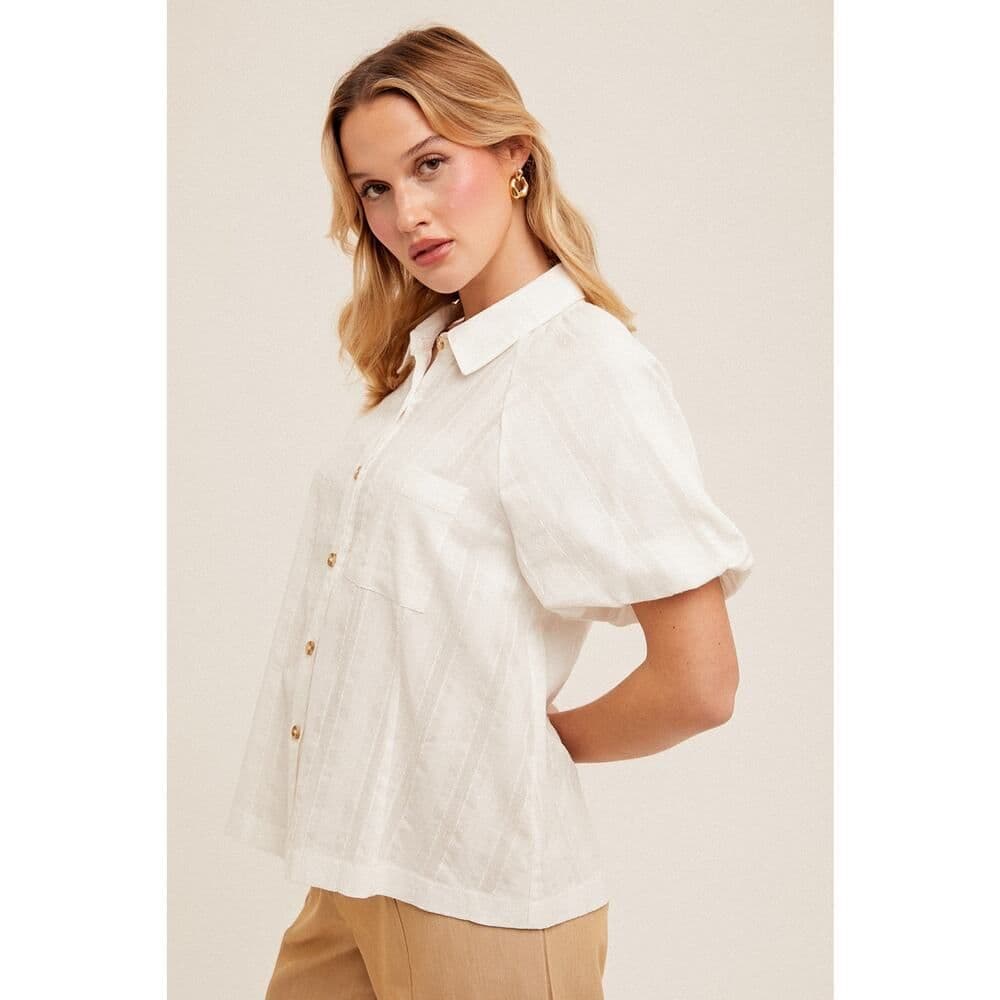 Button Down Front Pocket Bubble Sleeve Blouse - Thumbnail 2