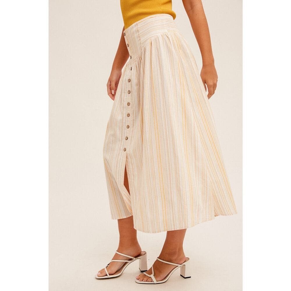 Button Front Smocked Back Multi Striped Midi Skirt - Thumbnail 2