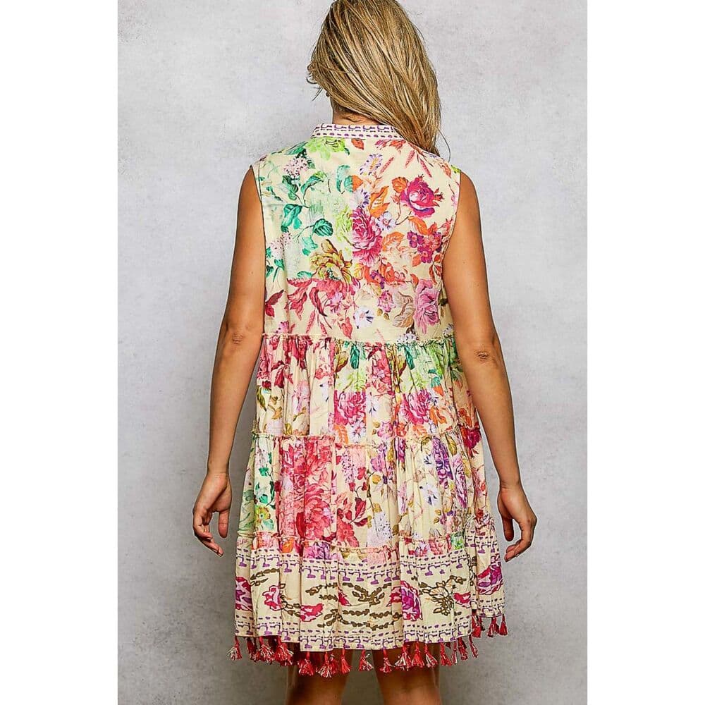 POL Mixed Print and Tassel Detail Tiered Mini Dress in Cream Multi - Thumbnail 7