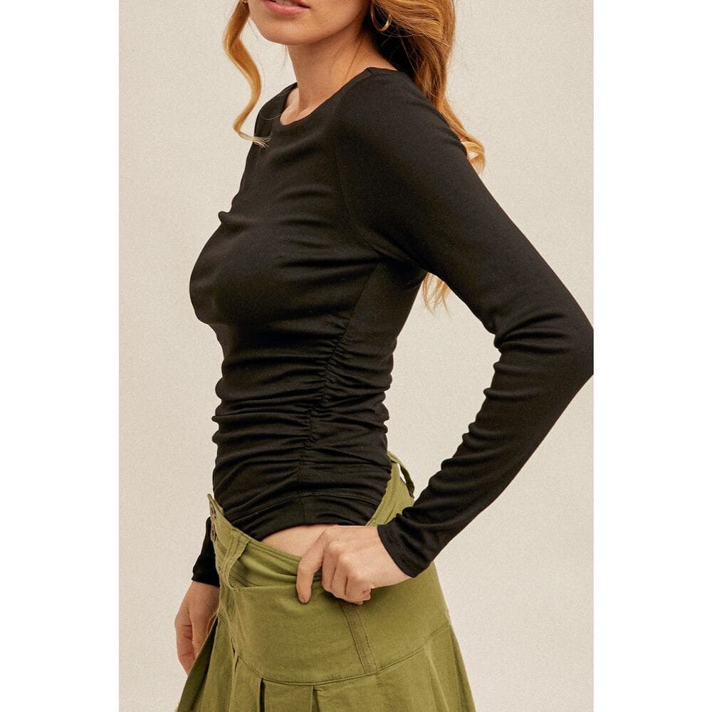 Boat Neck Ruched Waist Long Sleeve Bodysuit - Thumbnail 2