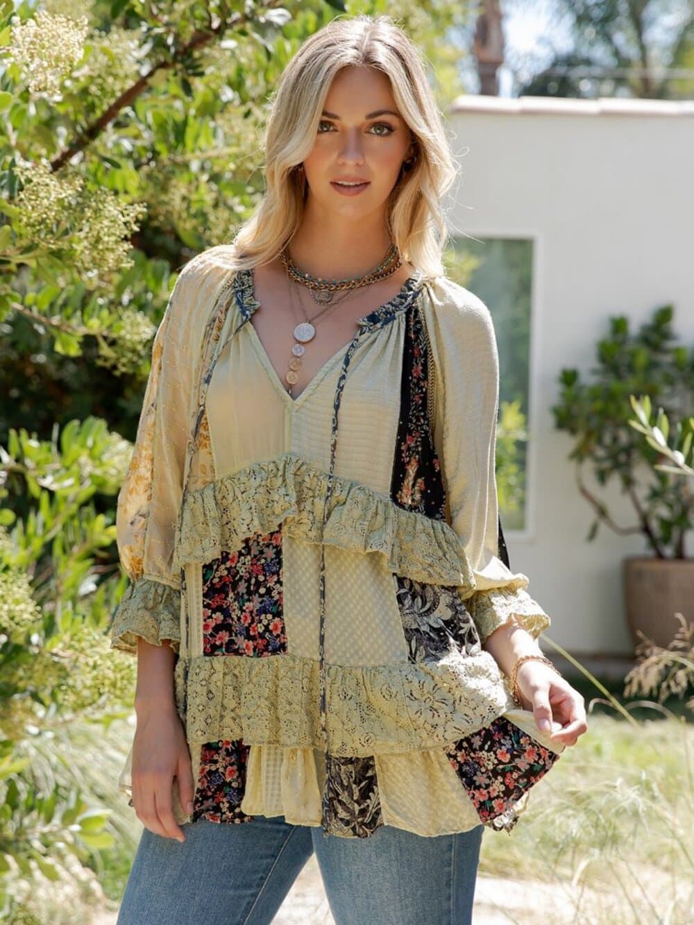 Peasant-Inspired Meraki Blouse with Lace Ruffle Details