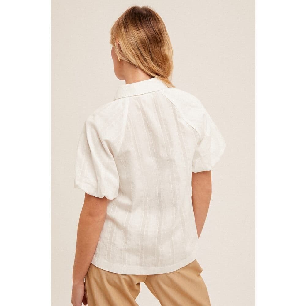 Button Down Front Pocket Bubble Sleeve Blouse - Thumbnail 3