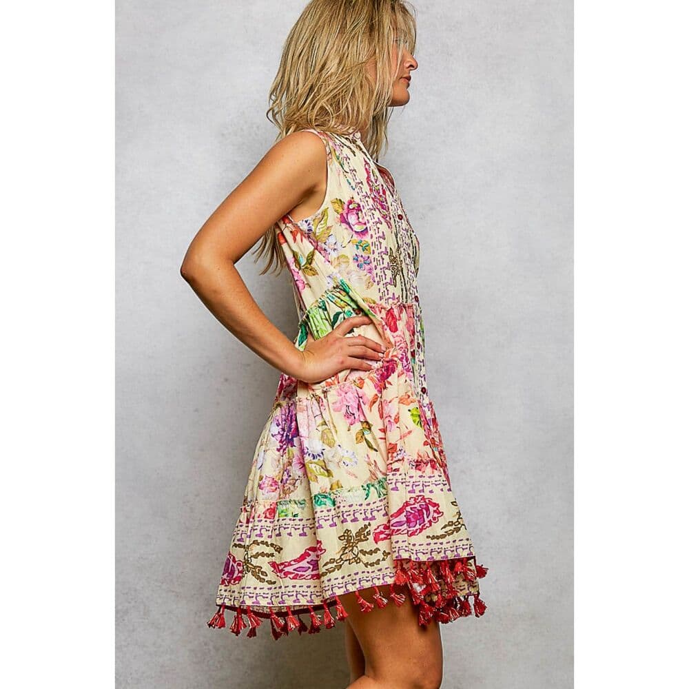 POL Mixed Print and Tassel Detail Tiered Mini Dress in Cream Multi - Thumbnail 3