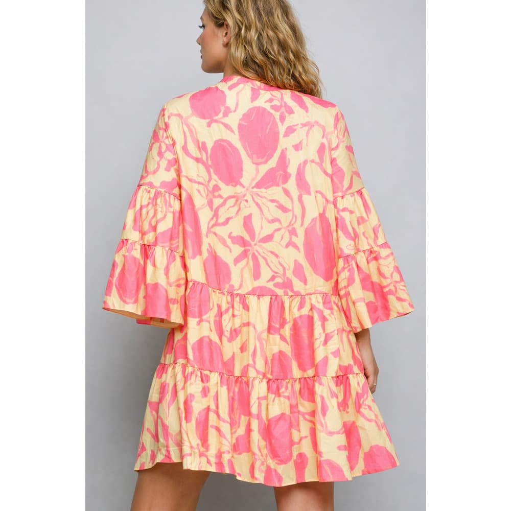 POL Pink Yellow Abstract Tiered Ruffle Bell Sleeve Dress - Thumbnail 2