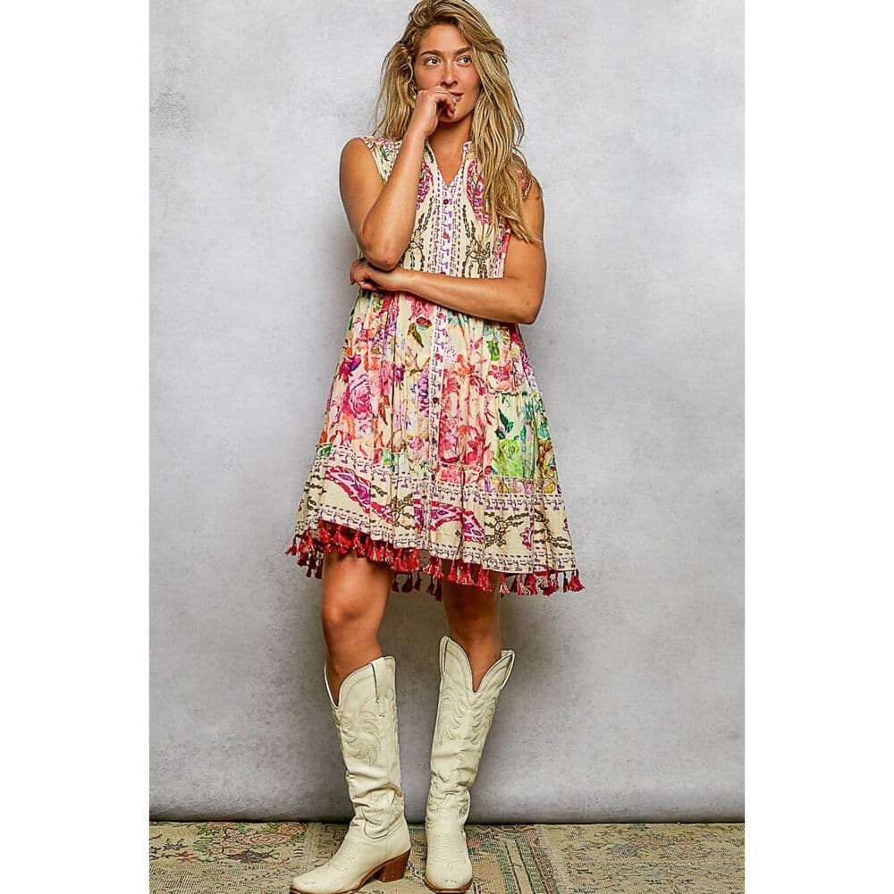 POL Mixed Print and Tassel Detail Tiered Mini Dress in Cream Multi - Thumbnail 2